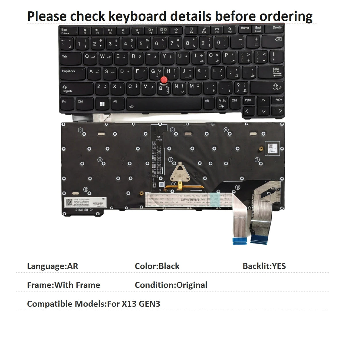 New US Arab Language  Backlit Keyboard For Lenovo Thinkpad X13 GEN3 Notebook PC Replacement Keyboard Lenovo laptop repair parts