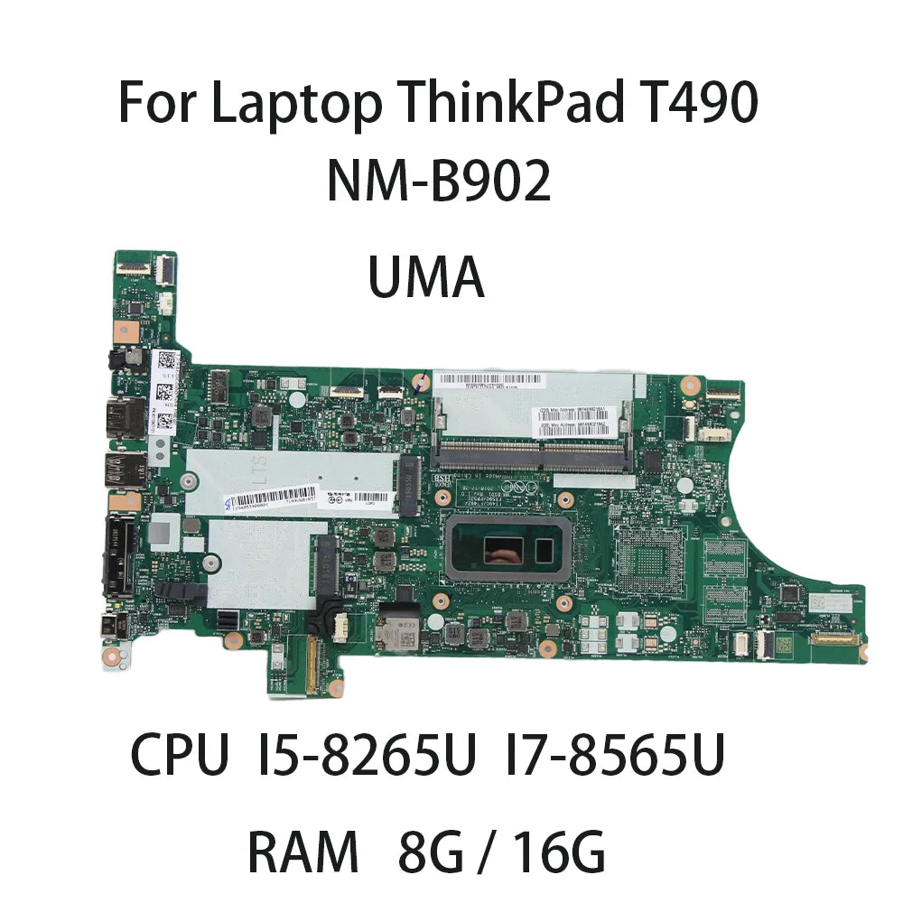 Laptop Motherboard for Lenovo ThinkPad T490 NM-B901 Motherboard With CPU I5-8265U I7-8565U RAM 8G/16G  01YT405  02HK939 Lenovo laptop repair parts