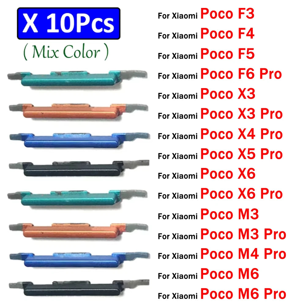 10Pcs,  New For Xiaomi Poco F3 F4 F5 F6 X3 X4 X5 X6 M3 M4 M6 Pro 4G 5G Power Button Volume Side Button Key  Xiaomi  Xiao mi phone repair parts
