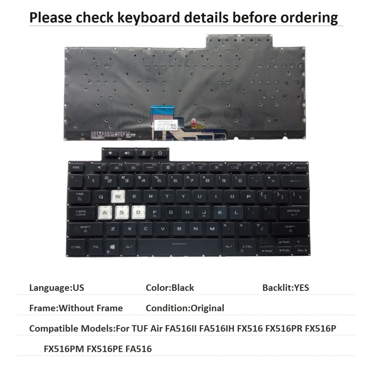 New US Language  Backlit Keyboard For ASUS TUF Air FA516II FA516IH FX516 FX516PR FX516P FX516PM FX516PE FA516 V202526CS1 ASUS laptop repair parts