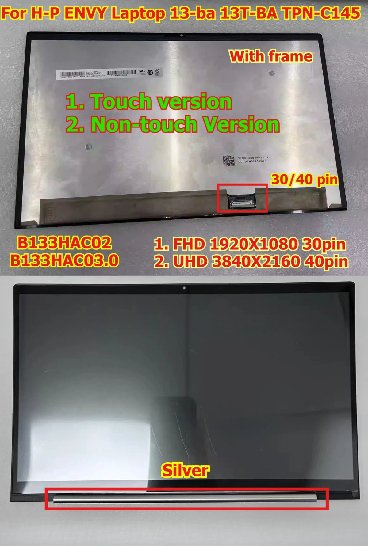 13.3" B133HAC02 B133HAC03.0 FHD 1080 30pin UHD 3840X2160 40pin LCD display screen for HP ENVY 13-ba 13-ba0017tx TPN-C145 panel HP laptop repair parts