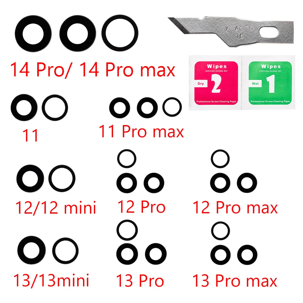 2set For iPhone 13 Pro Max 12 11 14 ProMax Mini XR XS XSMax  Back Rear camera Glass lens with sticker adhesive Replacement iPhone phone repair parts