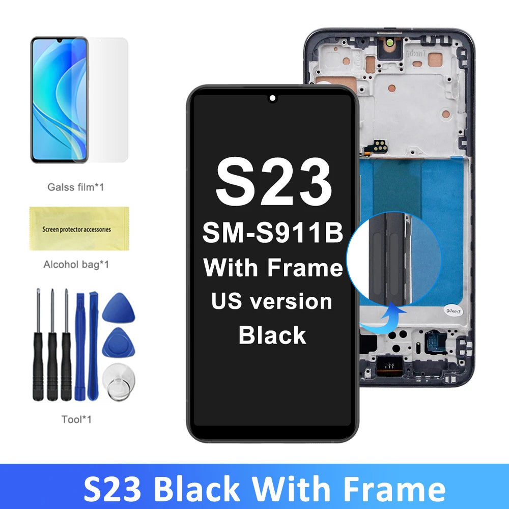 S23 Screen Assembly for Samsung Galaxy S23 S911B S911B/DS Lcd Display Digital Touch Screen with Frame Replacement Parts Samsung phone repair parts