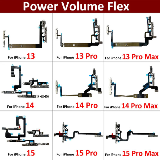 New For iPhone 13 14 15 Pro Max Mini Plus Power Volume Buttons Key Switch Flex Cable With Metal Material Replacement Parts iPhone phone repair parts