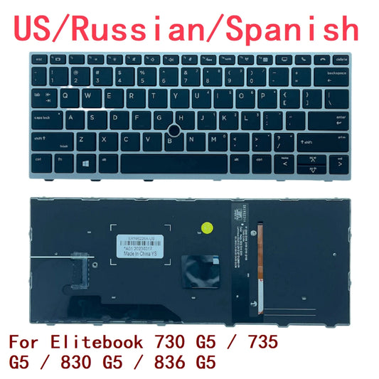 New US Russian Spanish Laptop Backlit Keyboard For HP Elitebook 730 G5 / 735 G5 / 830 G5 / 836 G5 Notebook PC Replacement  HP laptop repair parts