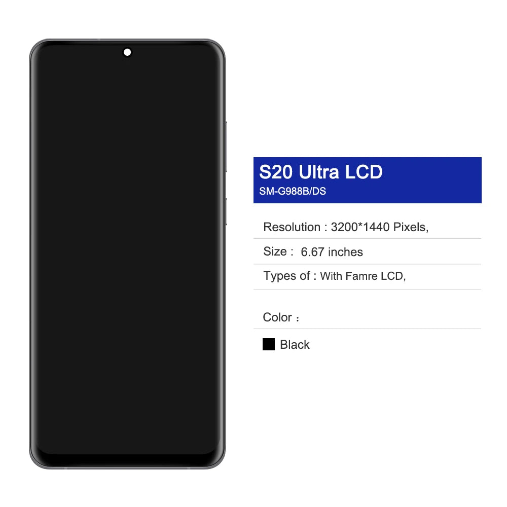 AMOLED S20 Ultra Screen With Frame, for Samsung Galaxy S20 Ultra G988B G988B/DS Lcd Display Digital Touch Screen Assembly Samsung phone repair parts