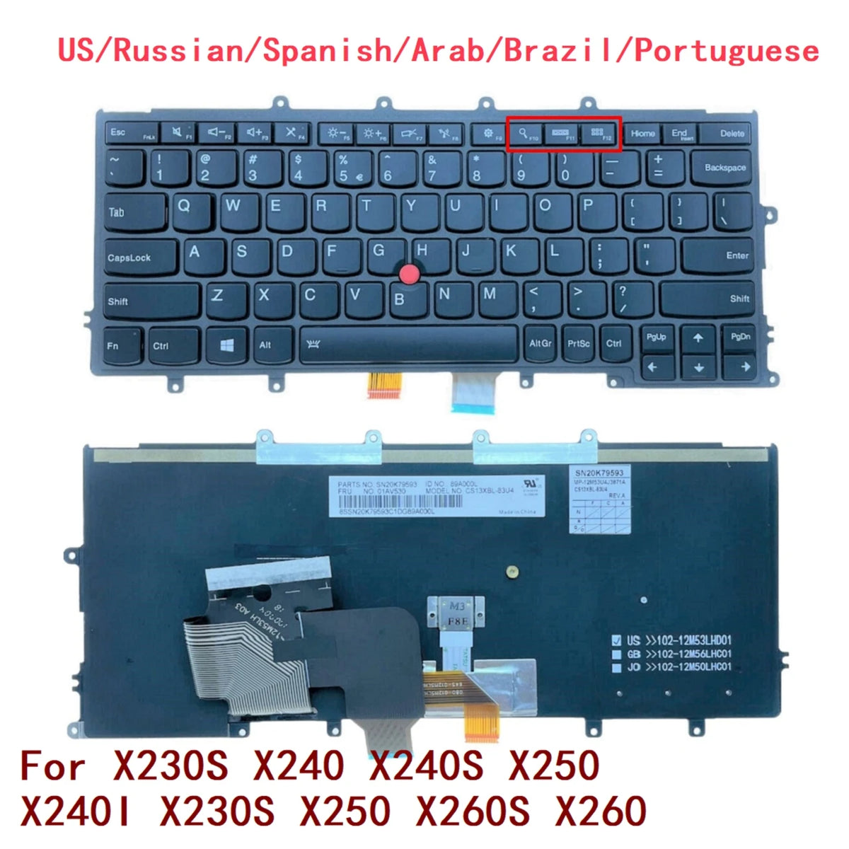 US Russian Spanish Arab Brazil Portuguese Backlit Keyboard For Lenovo Thinkpad X230S X240 X240S X250 X240I X230S X250 X260S X260 Lenovo laptop repair parts