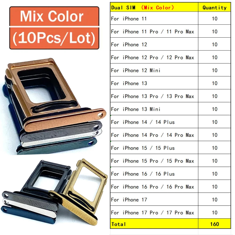 10Pcs, Dual SIM Card Slot SD Card Tray Holder Adapter For iPhone 11 12 13 14 15 16 17 Pro Max Mini Plus iPhone phone repair parts