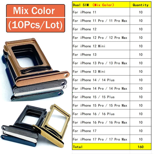 10Pcs, Dual SIM Card Slot SD Card Tray Holder Adapter For iPhone 11 12 13 14 15 16 17 Pro Max Mini Plus iPhone phone repair parts