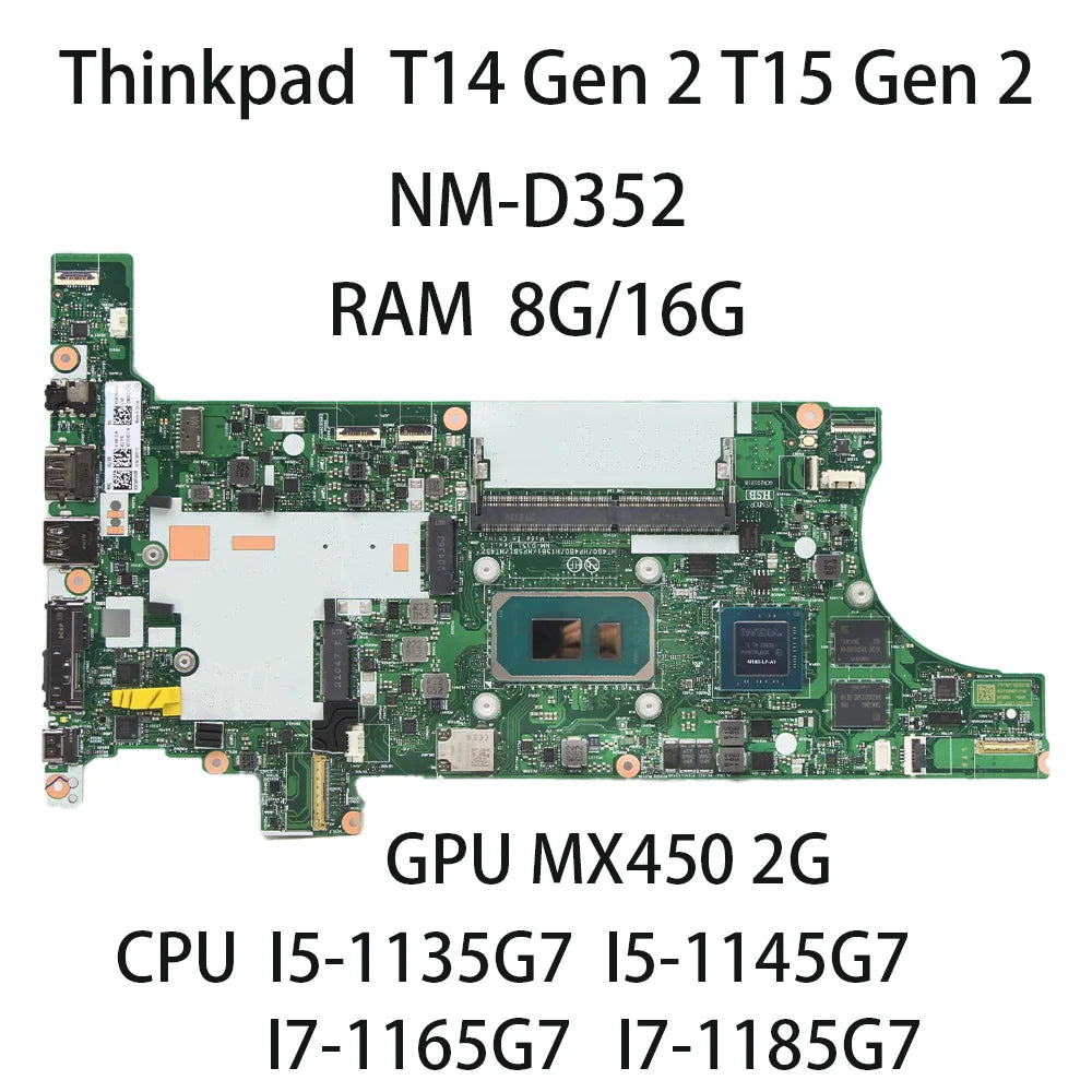Laptop Motherboard For Lenovo Thinkpad T14 T15 Gen2 NM-D352 With CPU I5 1145G7 I7 1185G7 RAM 8/16G GPU MX450 2G FRU 5B21B88700 Lenovo laptop repair parts