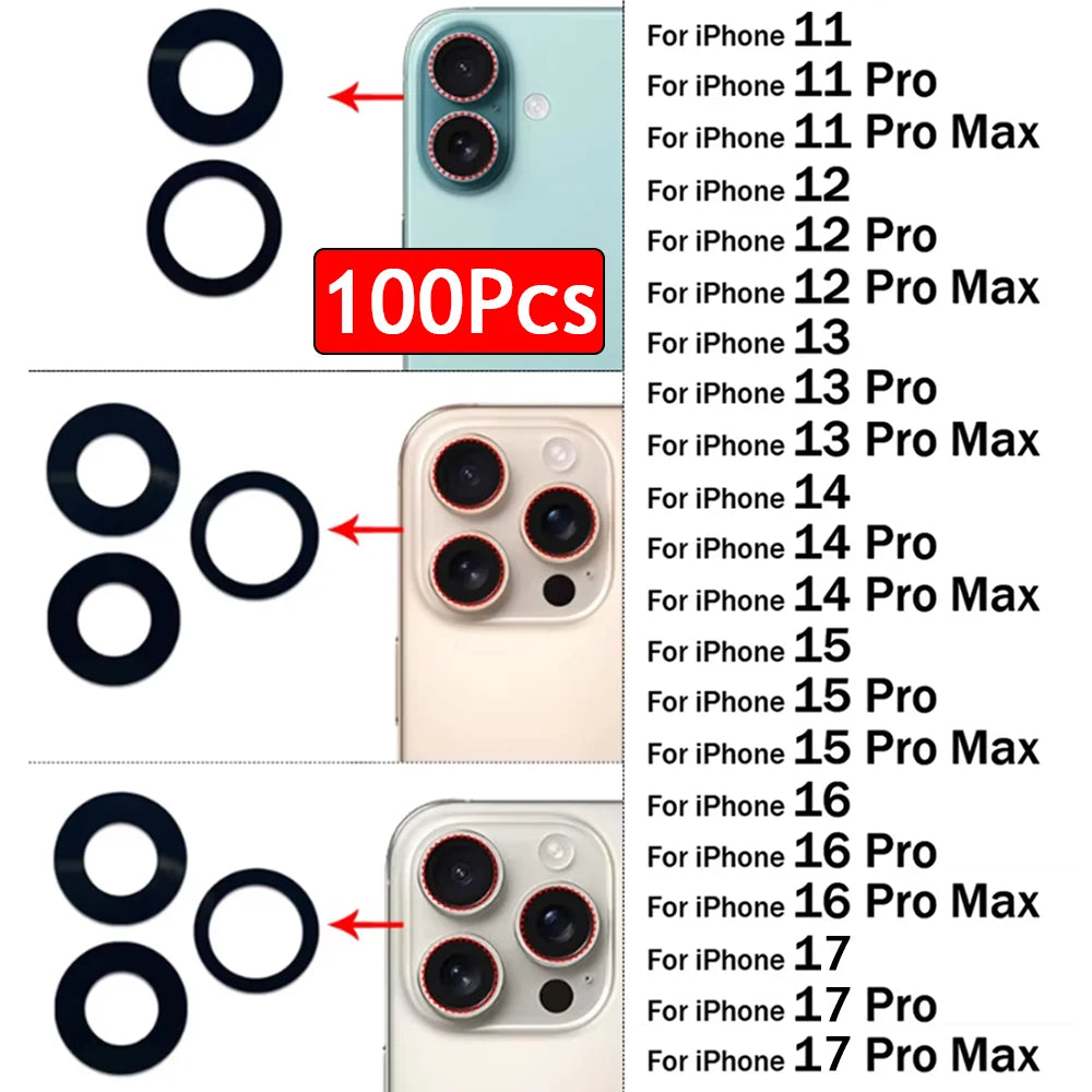 100Pcs/Lot, Rear Back Camera Glass Lens For iPhone 11 12 13 14 15 16 17 Pro Max Plus Mini With Adhesive Sticker iPhone phone repair parts