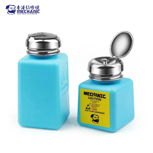 MECHANIC TZ01 120/180ml Liquid Alcohol Bottle Press Pumping ESD Fluid Dispenser Metal Cap Plastic Container for PCB Clean Tools Professional Repair Tools