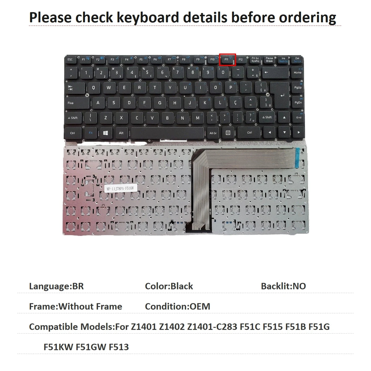 New UI Brazil Language  Keyboard For Acer Z1401 Z1402 Z1401-C283 F51C F515 F51B F51G F51KW F51GW F513 Replacement Keyboard Acer laptop repair parts