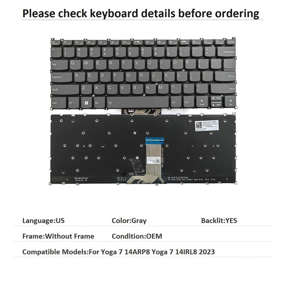New US Language  Backlit Keyboard For Lenovo Yoga 7 14ARP8 Yoga 7 14IRL8 2023 Notebook PC Replacement Keyboard Lenovo laptop repair parts