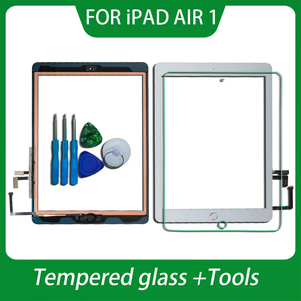 For iPad Air 1 Touch Screen Digitizer Glass A1474 A1475 A1476 with Home Button,Camera Holder,Adhesive,Tool Kit+Tempered Glass iPad tablet repair parts