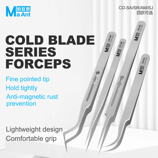 MaAnt CD-SA/SR/SJ/AM Stainless Steel Tweezers High Elasticity Non-Magnetic Curved Straight Tips for SMD PCB Board IC Chip Repair Professional Repair Tools