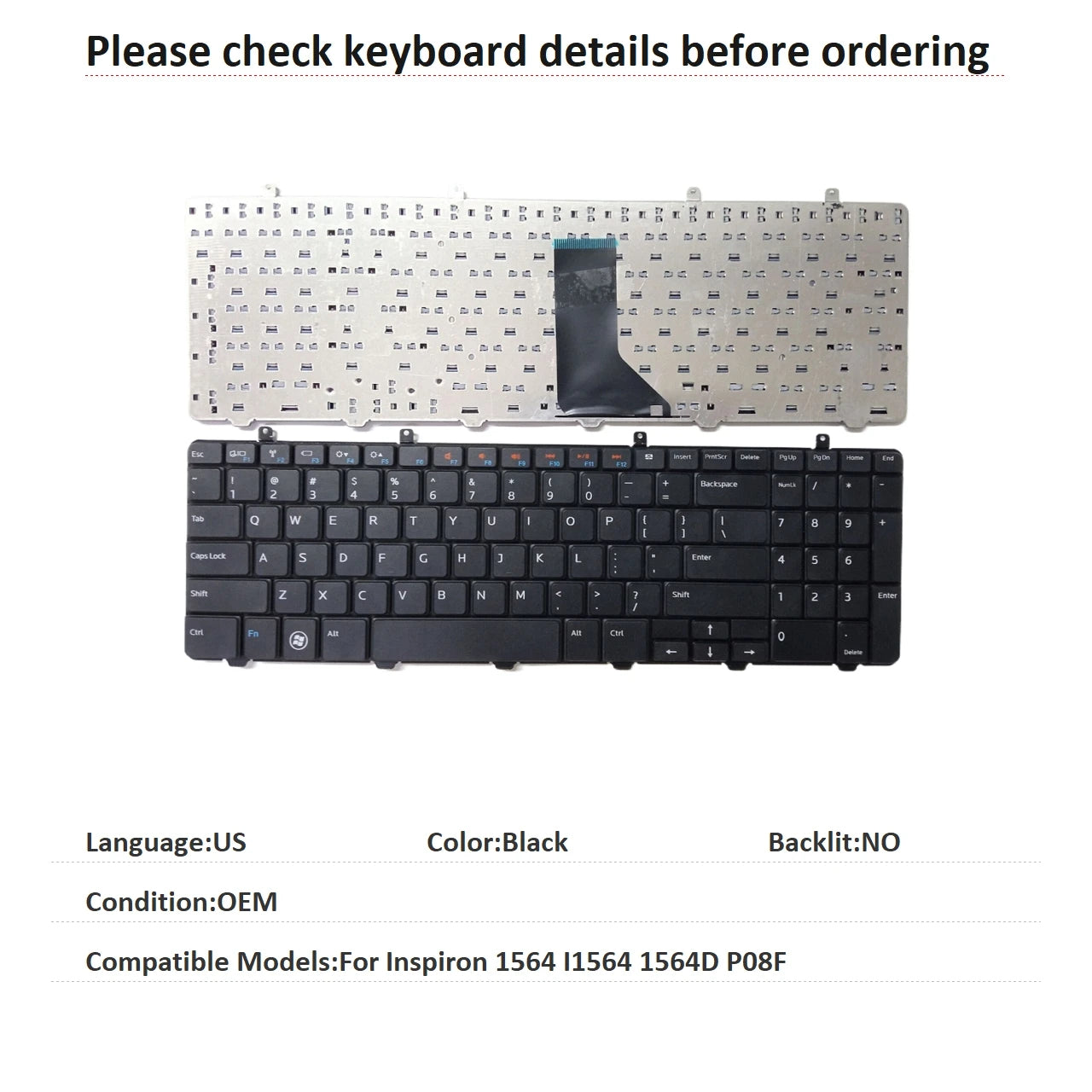 New US Russian Language  Keyboard For Dell Inspiron 1564 I1564 1564D P08F Notebook PC Replacement KeyboardDell laptop repair parts