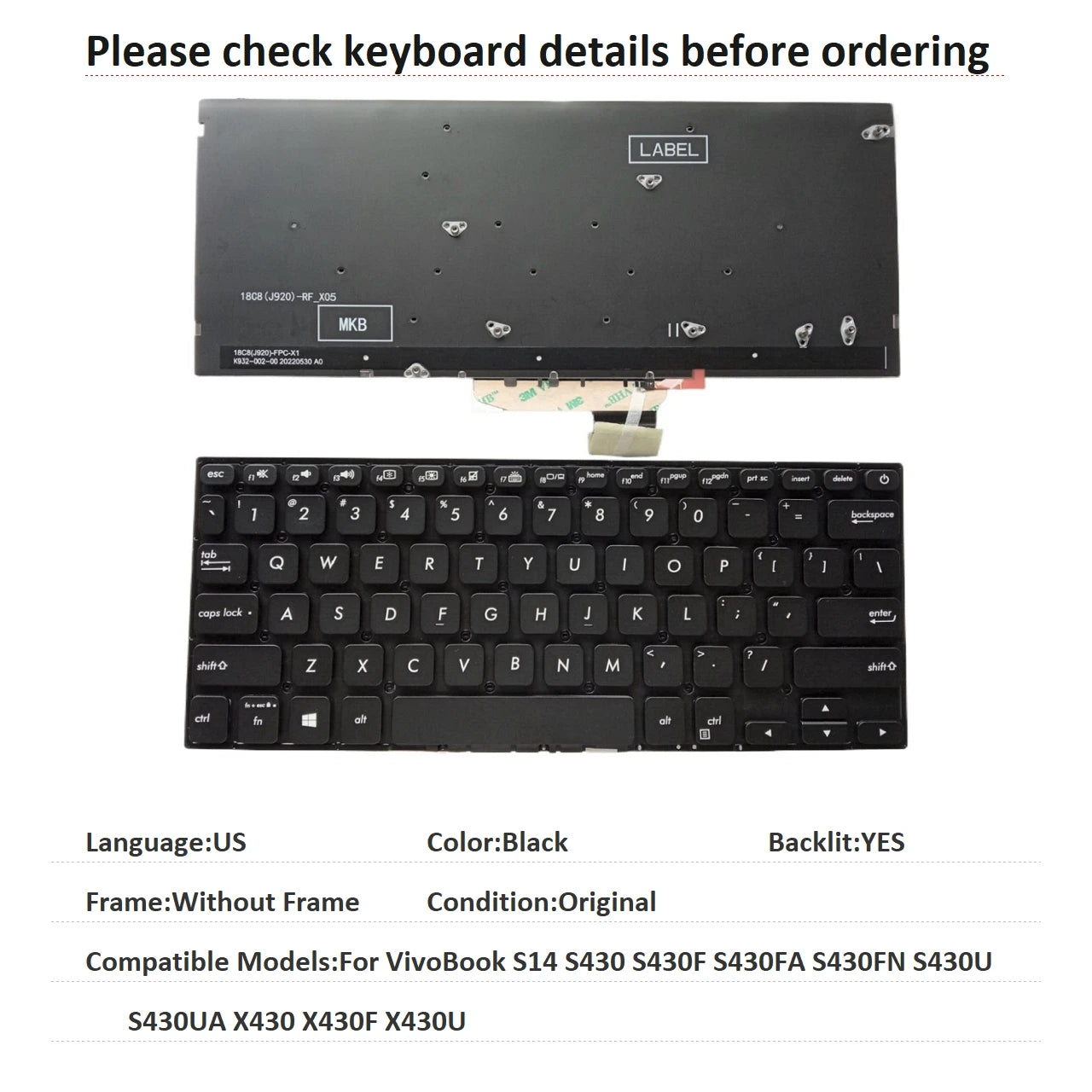 New US Language  Backlit Keyboard For ASUS VivoBook S14 S430 S430F S430FA S430FN S430U S430UA X430 X430F X430U ASUS laptop repair parts