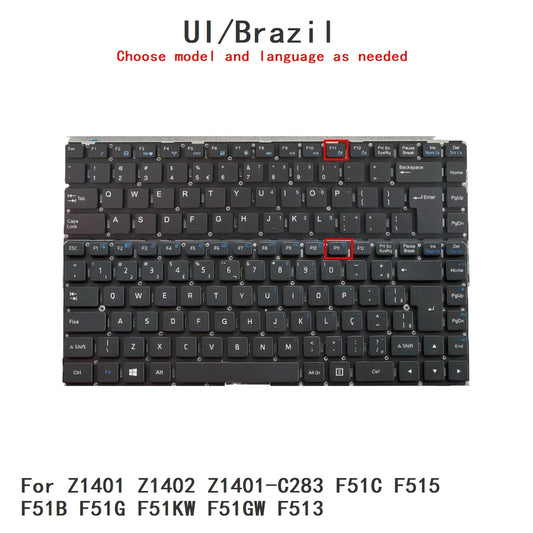 New UI Brazil Language  Keyboard For Acer Z1401 Z1402 Z1401-C283 F51C F515 F51B F51G F51KW F51GW F513 Replacement Keyboard Acer laptop repair parts