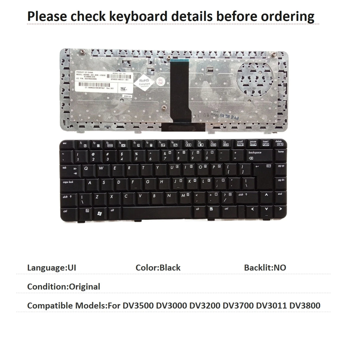 New UI Language  Keyboard For HP DV3500 DV3000 DV3200 DV3700 DV3011 DV3800 Notebook PC Replacement Keyboard HP laptop repair parts