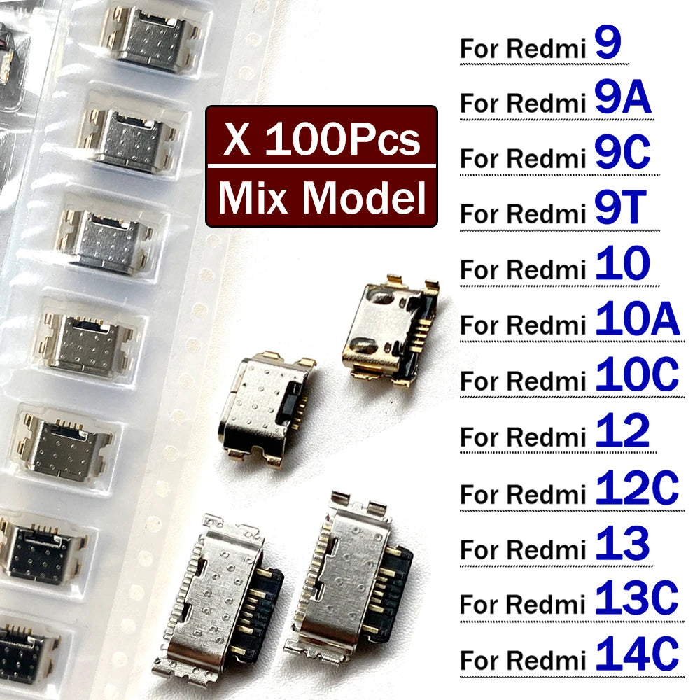 100Pcs, Charger Micro USB Charging Port Dock Connector Socket For Xiaomi Redmi 8 9 9A 9C 9T 10 10A 10C 12 12C 13 13C 14C 4G 5G Xiaomi  Xiao mi phone repair parts