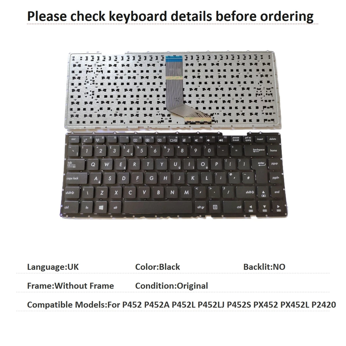 New US Spanish UK Language  Keyboard For ASUS P452 P452A P452L P452LJ P452S PX452 PX452L P2420 Notebook PC Replacement Keyboard ASUS laptop repair parts