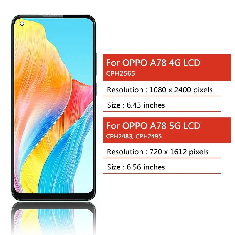 A78 Display Screen For Oppo A78 5G CPH2483 CPH2495 LCD Display Screen+Touch Panel Digitizer For Oppo A78 4G CPH2565 LCD Oppo phone repair parts Realme phone repair parts