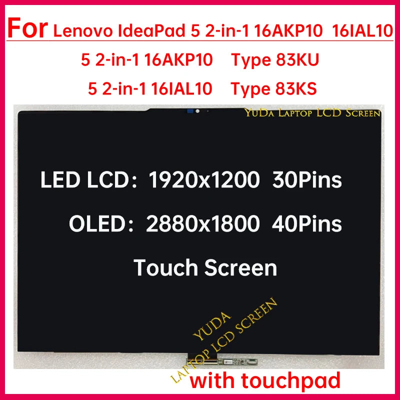 16 Inch Touch Screen For Lenovo IdeaPad 5 2-in-1 16AKP10 Type 83KU 16IAL10 Type 83KS LCD Display Digitizer Assembly Replacement Lenovo laptop repair parts