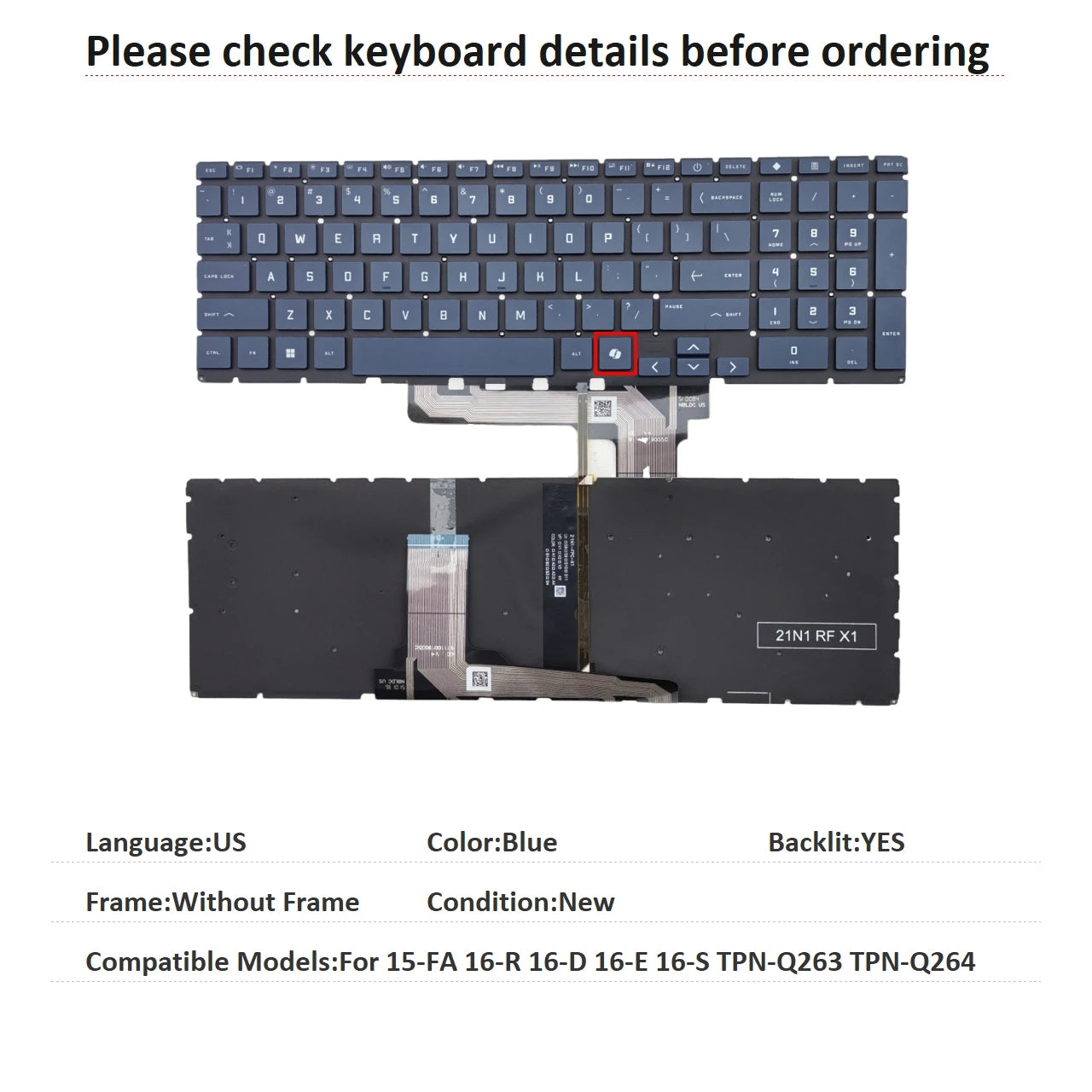New US Spanish Language  Backlit Keyboard For HP 15-FA 16-R 16-D 16-E 16-S TPN-Q263 TPN-Q264 Notebook PC Replacement Keyboard  HP laptop repair parts