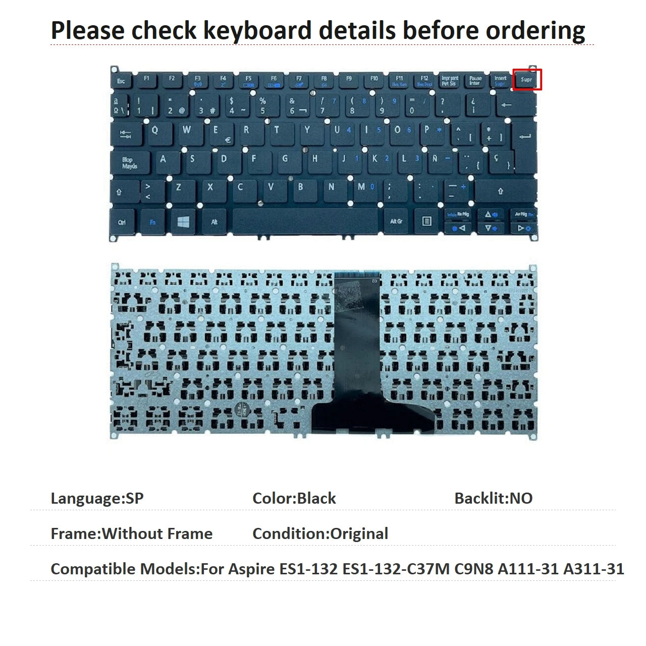 New US UI Spanish Language  Keyboard For Acer Aspire ES1-132 ES1-132-C37M C9N8 A111-31 A311-31 Notebook PC Replacement Keyboard Acer laptop repair parts