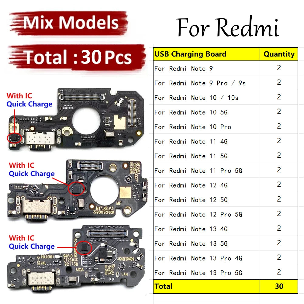 30Pcs, USB Charging Board Port Dock Charger Connector Board Flex Cable For Xiaomi Redmi Note 9 9s 10 10s 11 12 13 Pro 4G 5G  Xiaomi  Xiao mi phone repair parts
