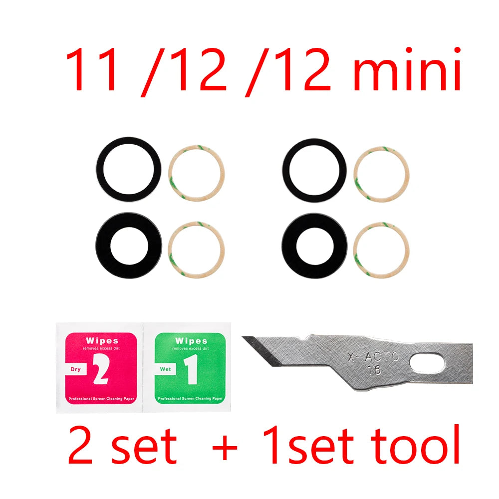 2set For iPhone 13 Pro Max 12 11 14 ProMax Mini XR XS XSMax  Back Rear camera Glass lens with sticker adhesive Replacement iPhone phone repair parts
