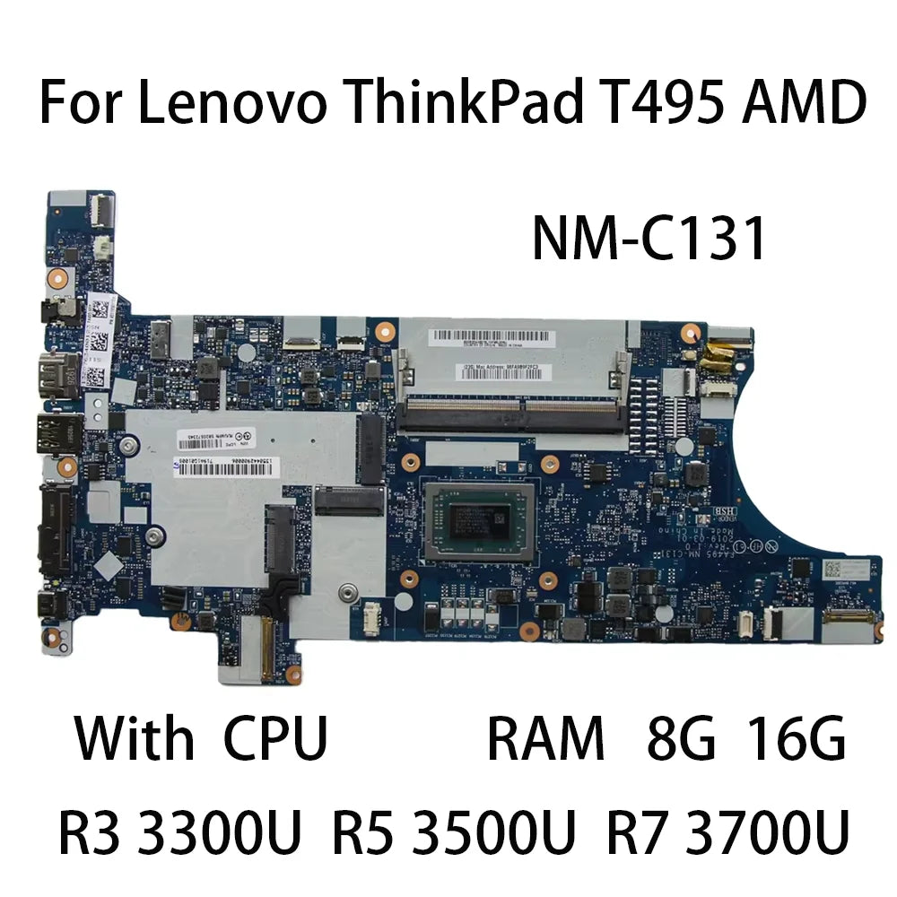 Laptop Motherboard For Lenovo ThinkPad T495 AMD NM-C131 With CPU R3 3300U R5 3500U R7 3700U GPU 8G/16G FRU 5B20S72339 02DM034 Lenovo laptop repair parts