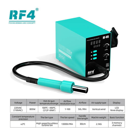 RF4 RF-H5 Intelligent Hot Air Desoldering Station 800W Fast Heat Gun BGA Chip Rework Station for Electronics Desoldering Repair Professional Repair Tools