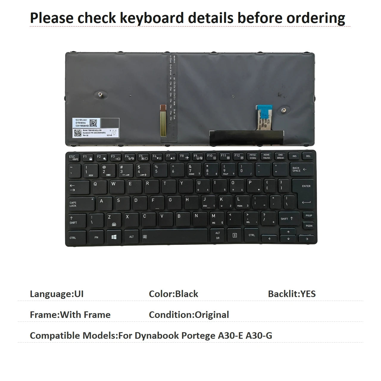 New US UI Language  Backlit Keyboard For Toshiba Dynabook Portege A30-E A30-G Notebook PC Replacement Keyboard