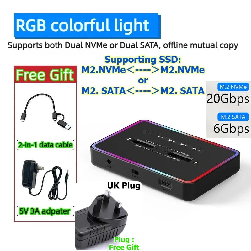 Dual Protocol m.2 ssd case Ssd Docking Station Type C USB 20Gbps offline clone  for PCIe NVME SATA 2 dual bay SSD enclosure Laptop Accessories