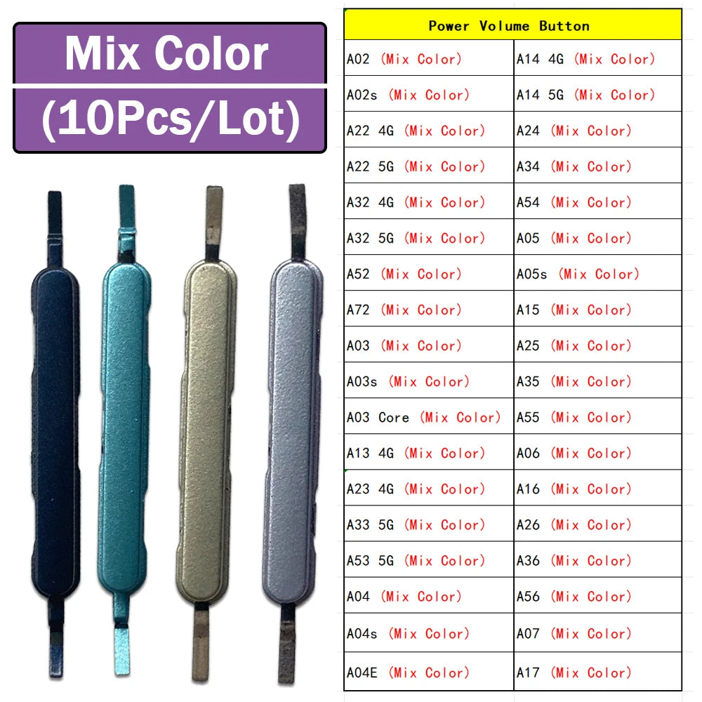 10Pcs, Volume Power Button Side Key For Samsung A22 A32 A52 A72 A13 A33 A53 A14 A24 A34 A05 A15 A25 A35 A06 A26 A36 A16 A07 A17 Samsung phone repair parts