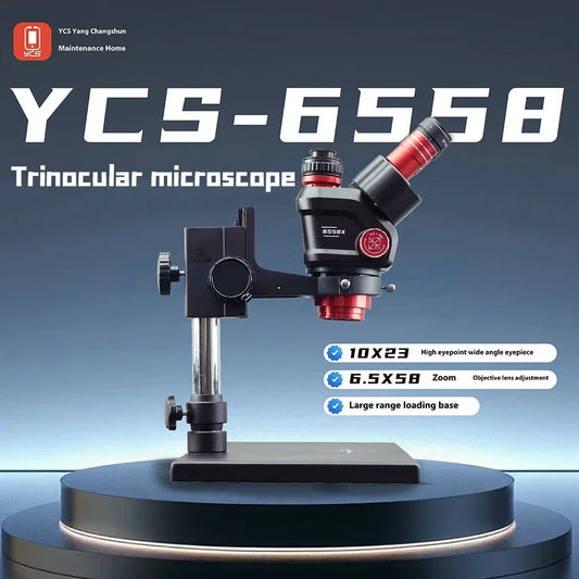 YCS 6558S HD Trinocular Microscope with Base 6.5X58 Zoom 4K Camera kit for Mobile Phones PCB Welding Microscope Power Tools Sets Professional Repair Tools
