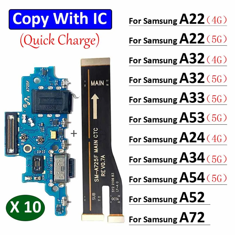 10Pcs, Dock Connector Micro USB Charger Charging Port Main Flex Cable For Samsung A22 A32 A52 A72 A33 A53 A24 A34 A54 4G 5G Samsung phone repair parts
