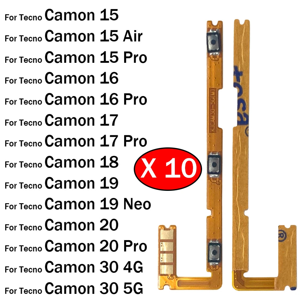 10Pcs, Power On Off Volume Side Button Key Flex Cable For Tecno Camon 15 16 17 18 19 20 30 Pro Air Neo 4G 5G Tecno phone repair parts