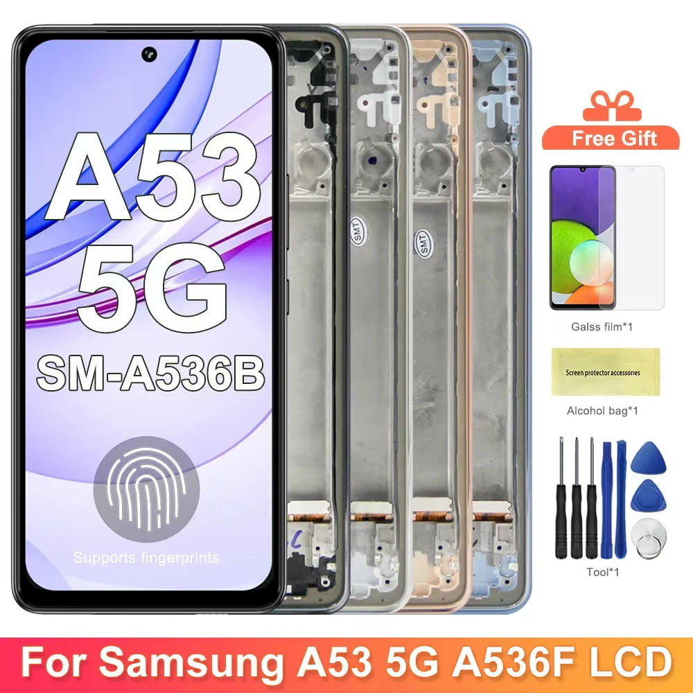 Super AMOLED A53 5G Display Screen with frame, for Samsung Galaxy A53 5G A536 A536B A536U Lcd Display Touch Screen Replacement Samsung phone repair parts