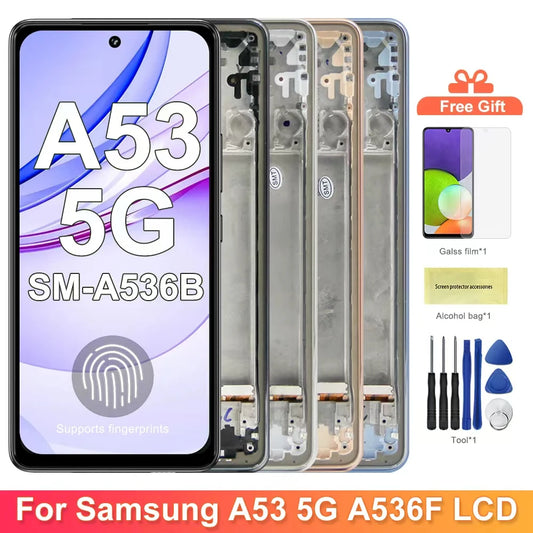 Super AMOLED A53 5G Display Screen with frame, for Samsung Galaxy A53 5G A536 A536B A536U Lcd Display Touch Screen Replacement Samsung phone repair parts