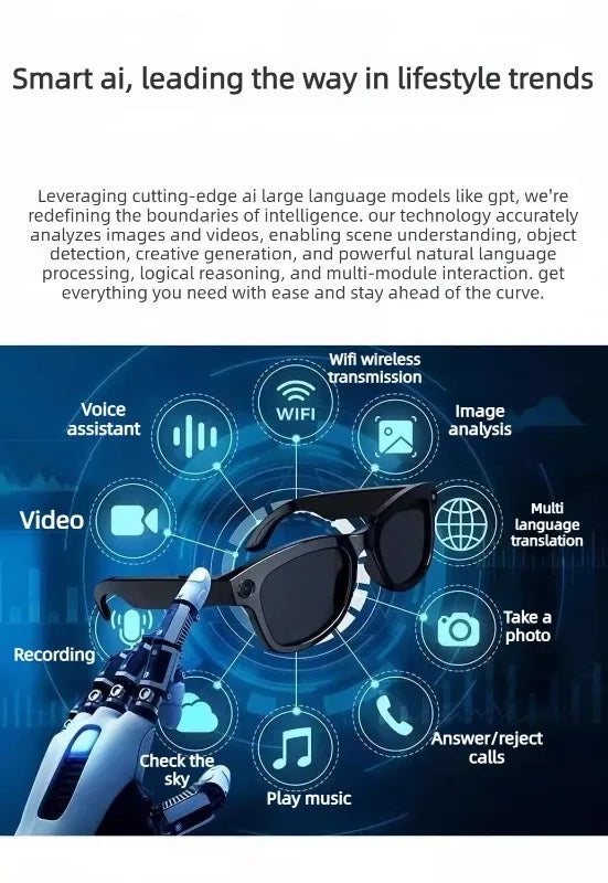 3200W pixel AI Smart Glasses HD camera photo video AI Record Translation Bluetooth Call Music Multifunction Glasses