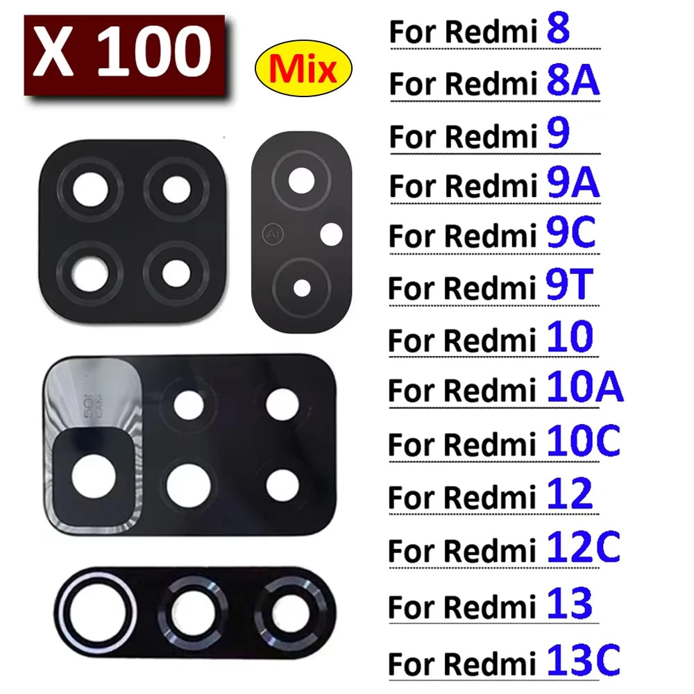 100Pcs, Back Rear Camera Glass Lens For Xiaomi Redmi 6 6A 7 7A 8 8A 9 9A 9C 9T 10 10A 10C 12 12C 13 13C 4G 5G Camera Glass Lens Xiaomi  Xiao mi phone repair parts