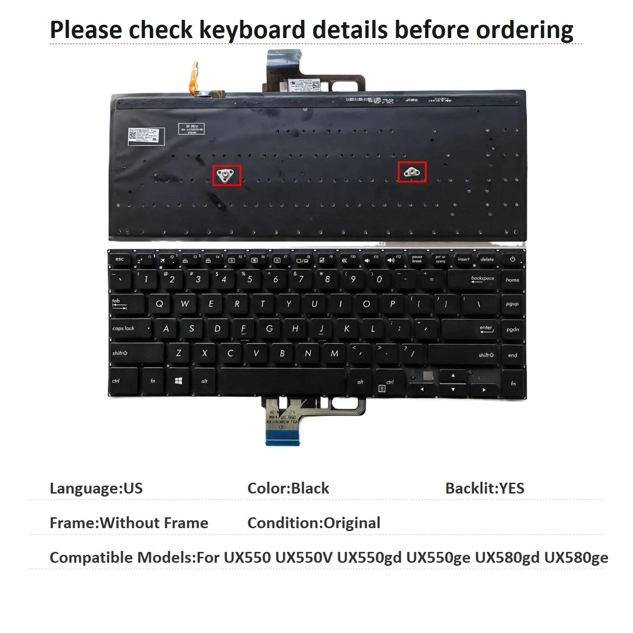 New US Language  Backlit Keyboard For ASUS UX550 UX550V UX550gd UX550ge UX580gd UX580ge Notebook PC Replacement Keyboard ASUS laptop repair parts