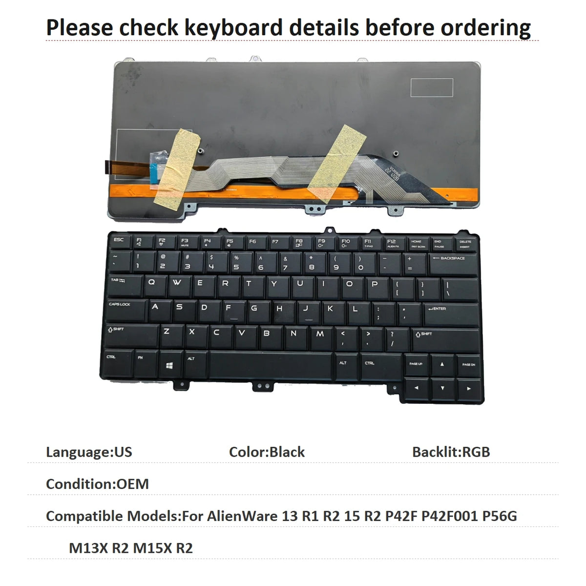 New US Language  RGB Backlit Keyboard For Dell AlienWare 13 R1 R2 15 R2 P42F P42F001 P56G M13X R2 M15X R2 Replacement KeyboardDell laptop repair parts