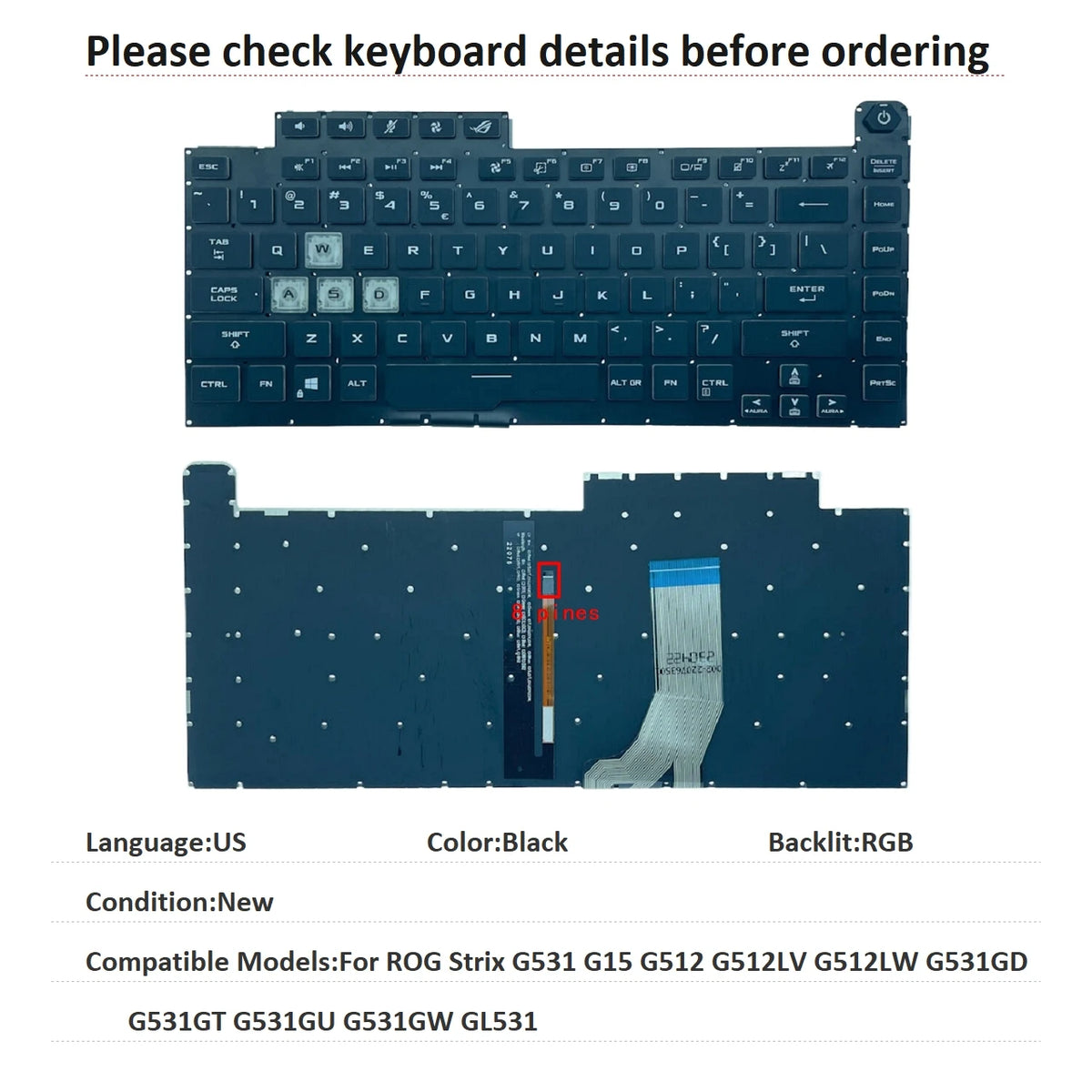 New US Language RGB Keyboard For ASUS ROG Strix G531 G15 G512 G512LV G512LW G531GD G531GT G531GU G531GW GL531 Keyboard ASUS laptop repair parts