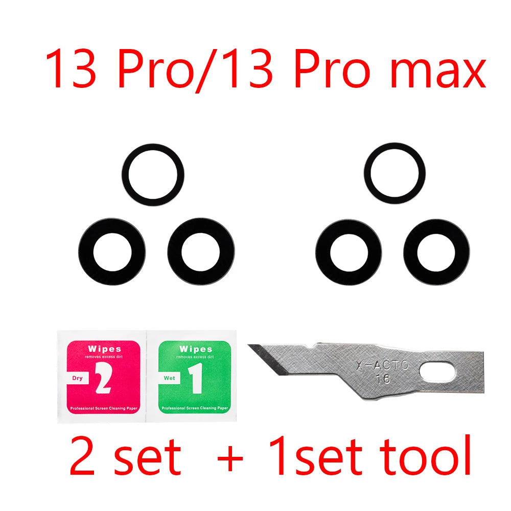 2set For iPhone 13 Pro Max 12 11 14 ProMax Mini XR XS XSMax  Back Rear camera Glass lens with sticker adhesive Replacement iPhone phone repair parts