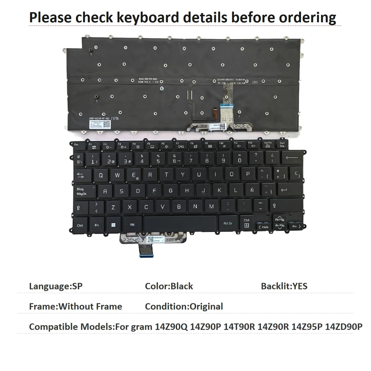 New Spanish Language  Backlit Keyboard For LG gram 14Z90Q 14Z90P 14T90R 14Z90R 14Z95P 14ZD90P Notebook PC Replacement Keyboard LG laptop repair parts