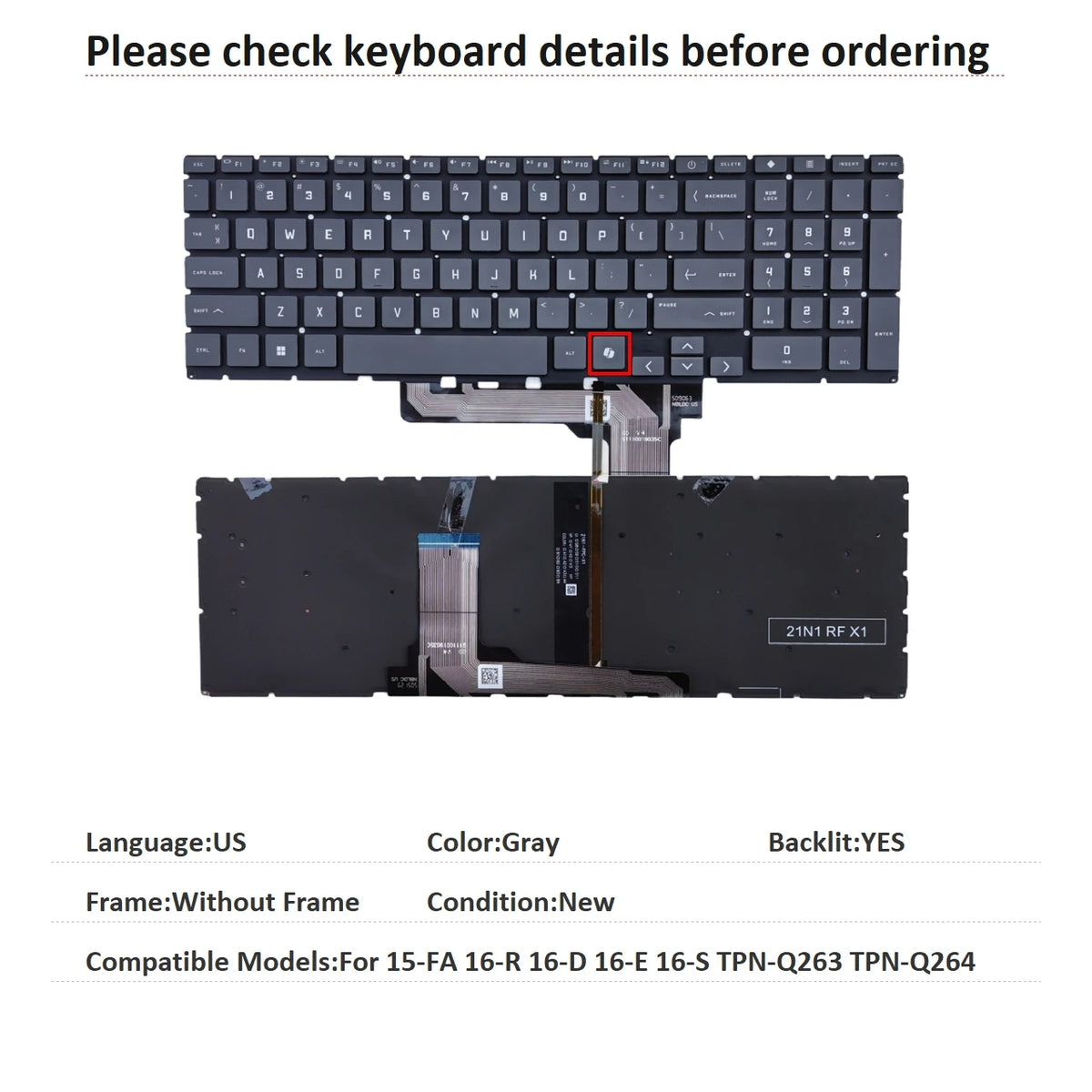 New US Spanish Language  Backlit Keyboard For HP 15-FA 16-R 16-D 16-E 16-S TPN-Q263 TPN-Q264 Notebook PC Replacement Keyboard  HP laptop repair parts